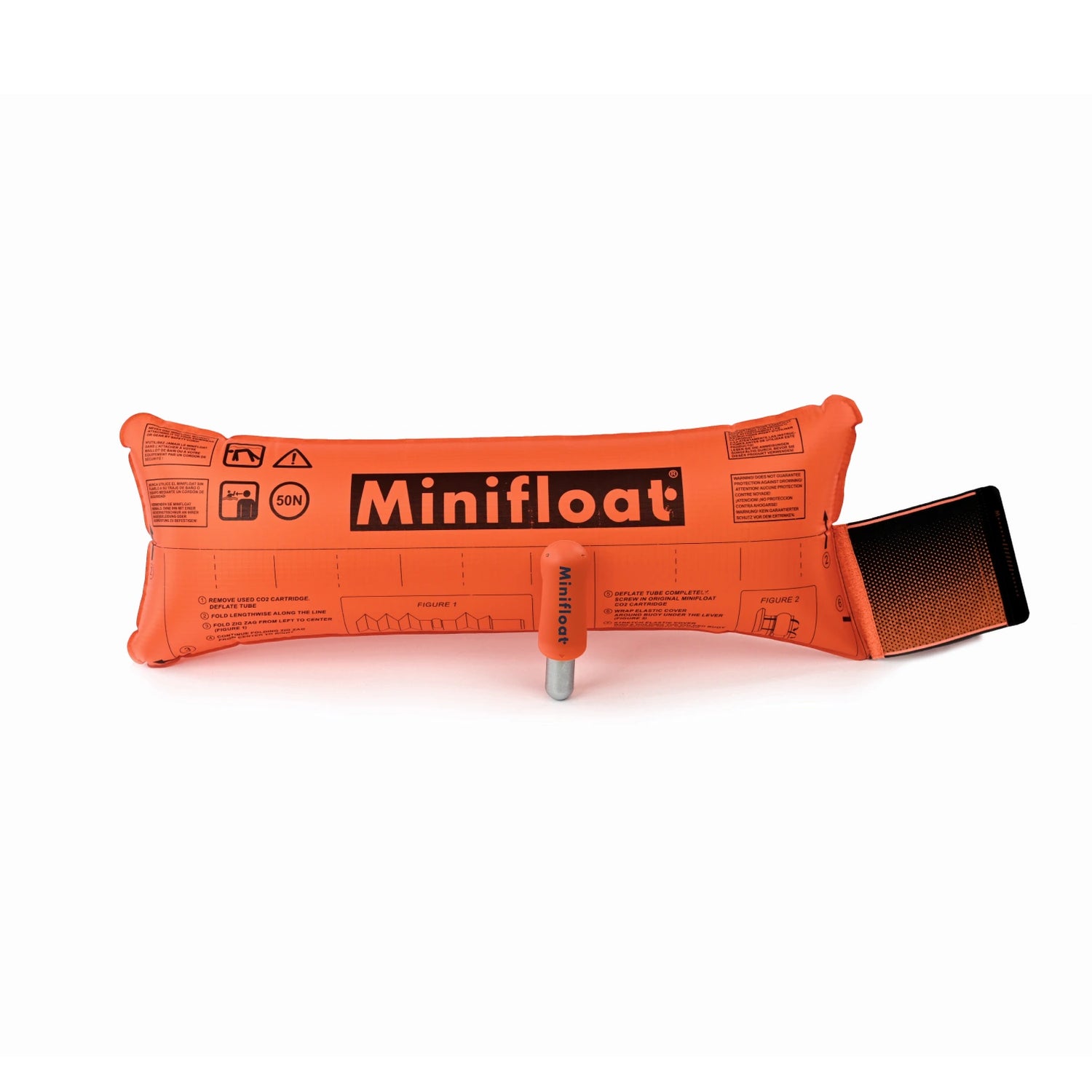 Orange inflatable life-saving device with 'Minifloat' branding on a white background