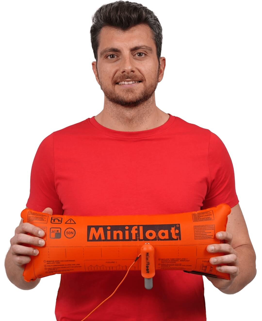 Man holding an orange inflatable device labeled 'Minifloat' against a white background